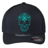 Sugar Skull Teal Ribbon Ovarian Cancer Awareness Mexican Flexfit Unipanel Trucker Cap