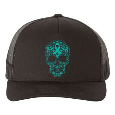 Sugar Skull Teal Ribbon Ovarian Cancer Awareness Mexican Yupoong Adult 5-Panel Trucker Hat