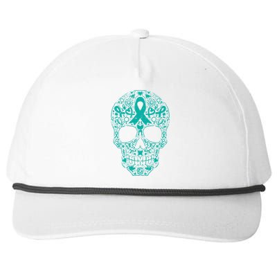 Sugar Skull Teal Ribbon Ovarian Cancer Awareness Mexican Snapback Five-Panel Rope Hat