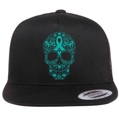 Sugar Skull Teal Ribbon Ovarian Cancer Awareness Mexican Flat Bill Trucker Hat