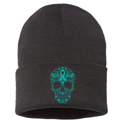 Sugar Skull Teal Ribbon Ovarian Cancer Awareness Mexican Sustainable Knit Beanie