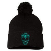 Sugar Skull Teal Ribbon Ovarian Cancer Awareness Mexican Pom Pom 12in Knit Beanie