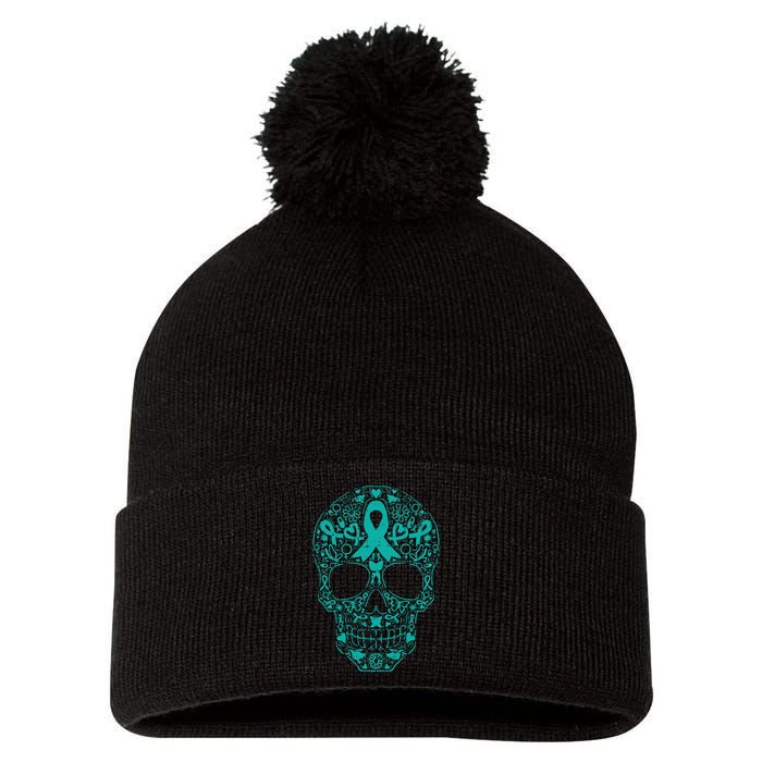 Sugar Skull Teal Ribbon Ovarian Cancer Awareness Mexican Pom Pom 12in Knit Beanie