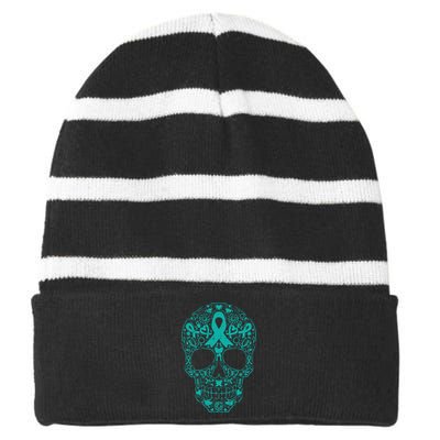 Sugar Skull Teal Ribbon Ovarian Cancer Awareness Mexican Striped Beanie with Solid Band