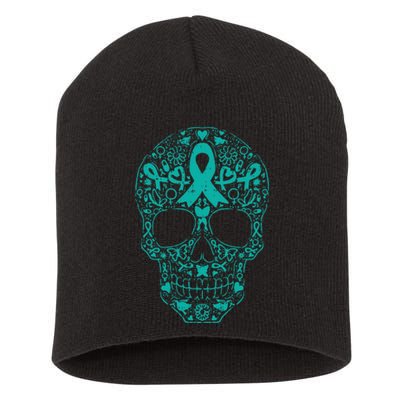 Sugar Skull Teal Ribbon Ovarian Cancer Awareness Mexican Short Acrylic Beanie