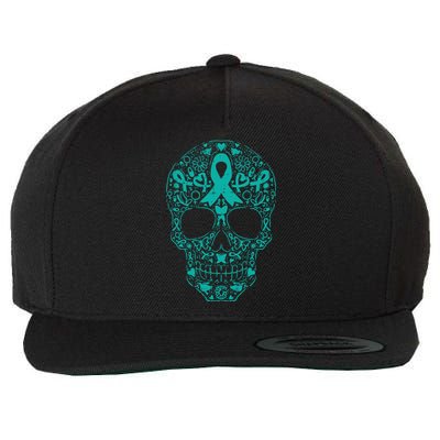 Sugar Skull Teal Ribbon Ovarian Cancer Awareness Mexican Wool Snapback Cap