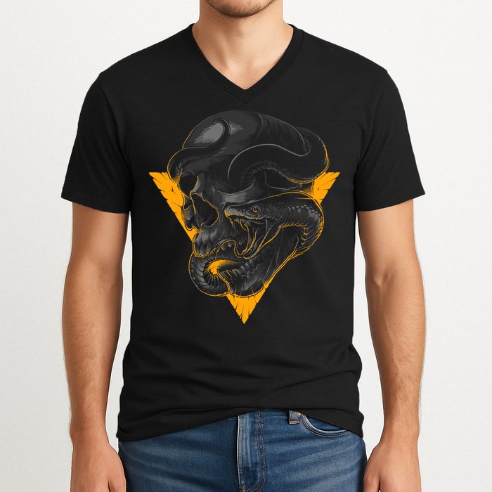 Skull Snake Triangle Graphic Design V-Neck T-Shirt
