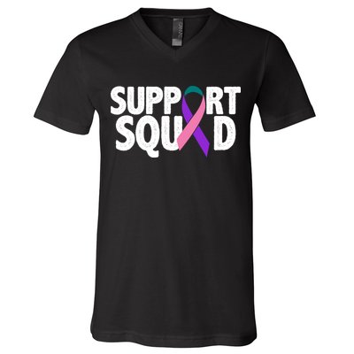 Thyroid Cancer Support Squad Teal Purple Pink Ribbon V-Neck T-Shirt