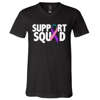 Thyroid Cancer Support Squad Teal Purple Pink Ribbon V-Neck T-Shirt