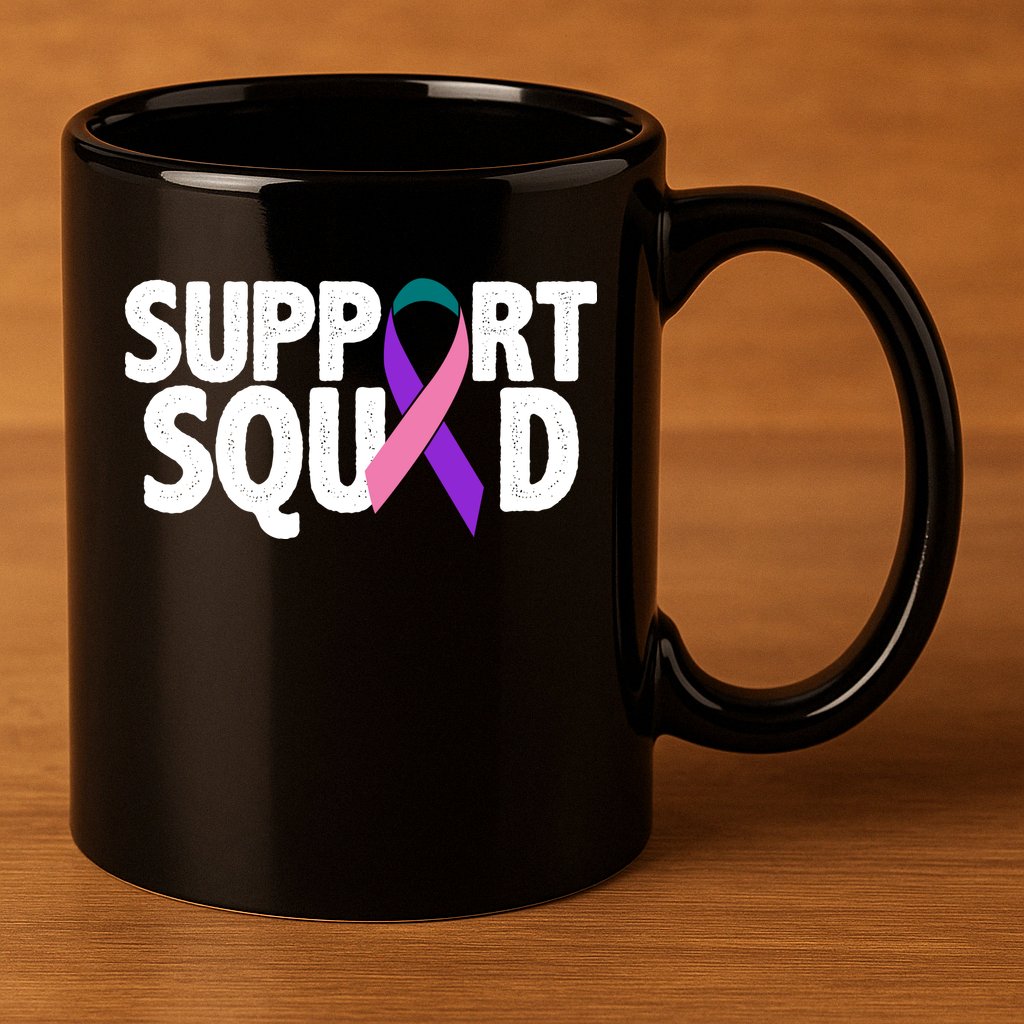 Thyroid Cancer Support Squad Teal Purple Pink Ribbon 11oz C Handle Ceramic Mug