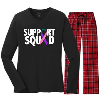 Thyroid Cancer Support Squad Teal Purple Pink Ribbon Women's Long Sleeve Flannel Pajama Set 