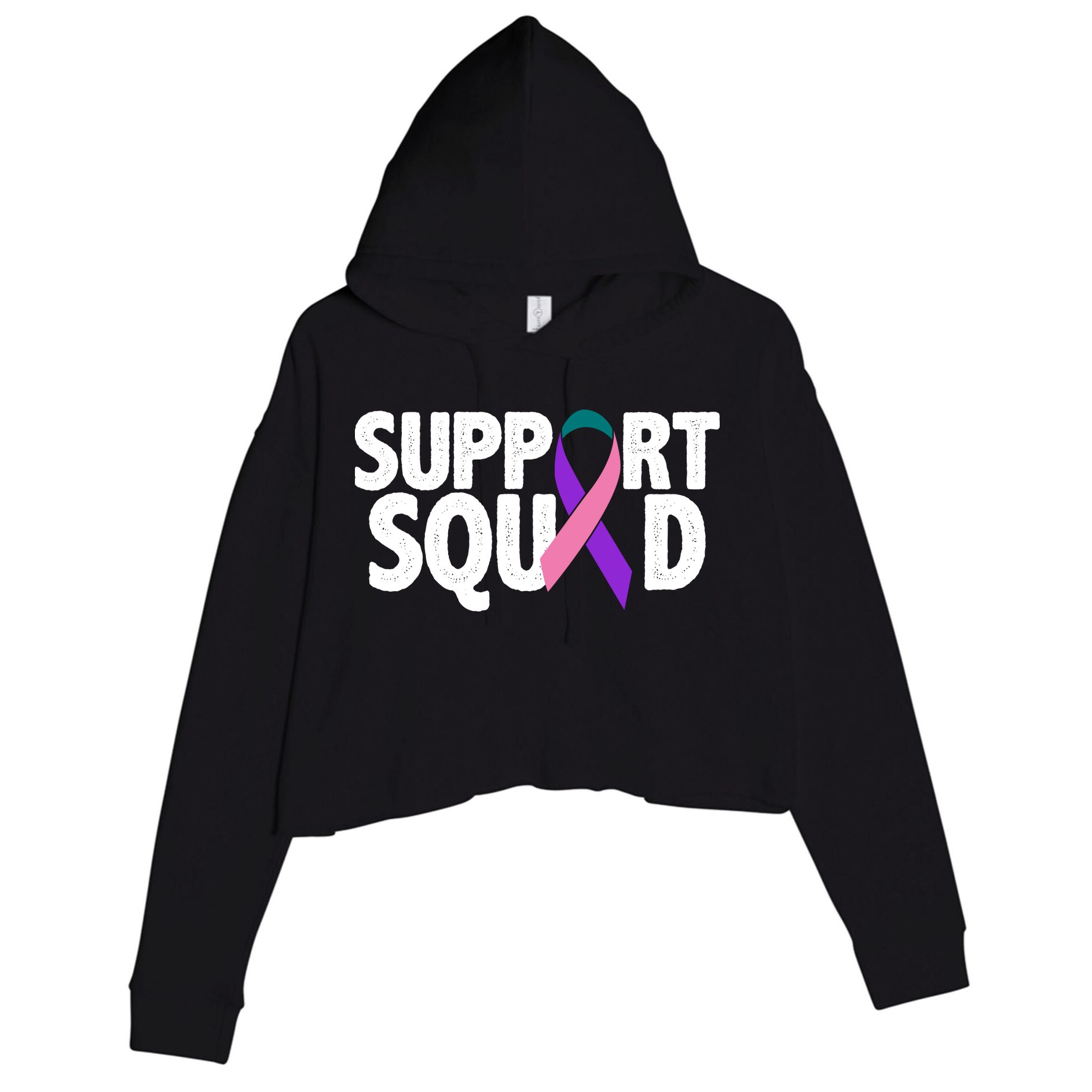 Thyroid Cancer Support Squad Teal Purple Pink Ribbon Crop Fleece Hoodie