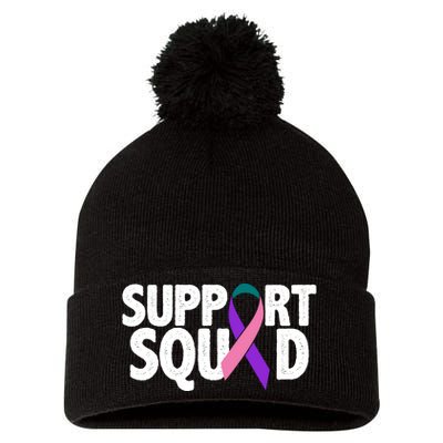 Thyroid Cancer Support Squad Teal Purple Pink Ribbon Pom Pom 12in Knit Beanie