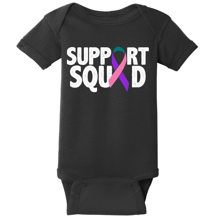 Thyroid Cancer Support Squad Teal Purple Pink Ribbon Baby Bodysuit