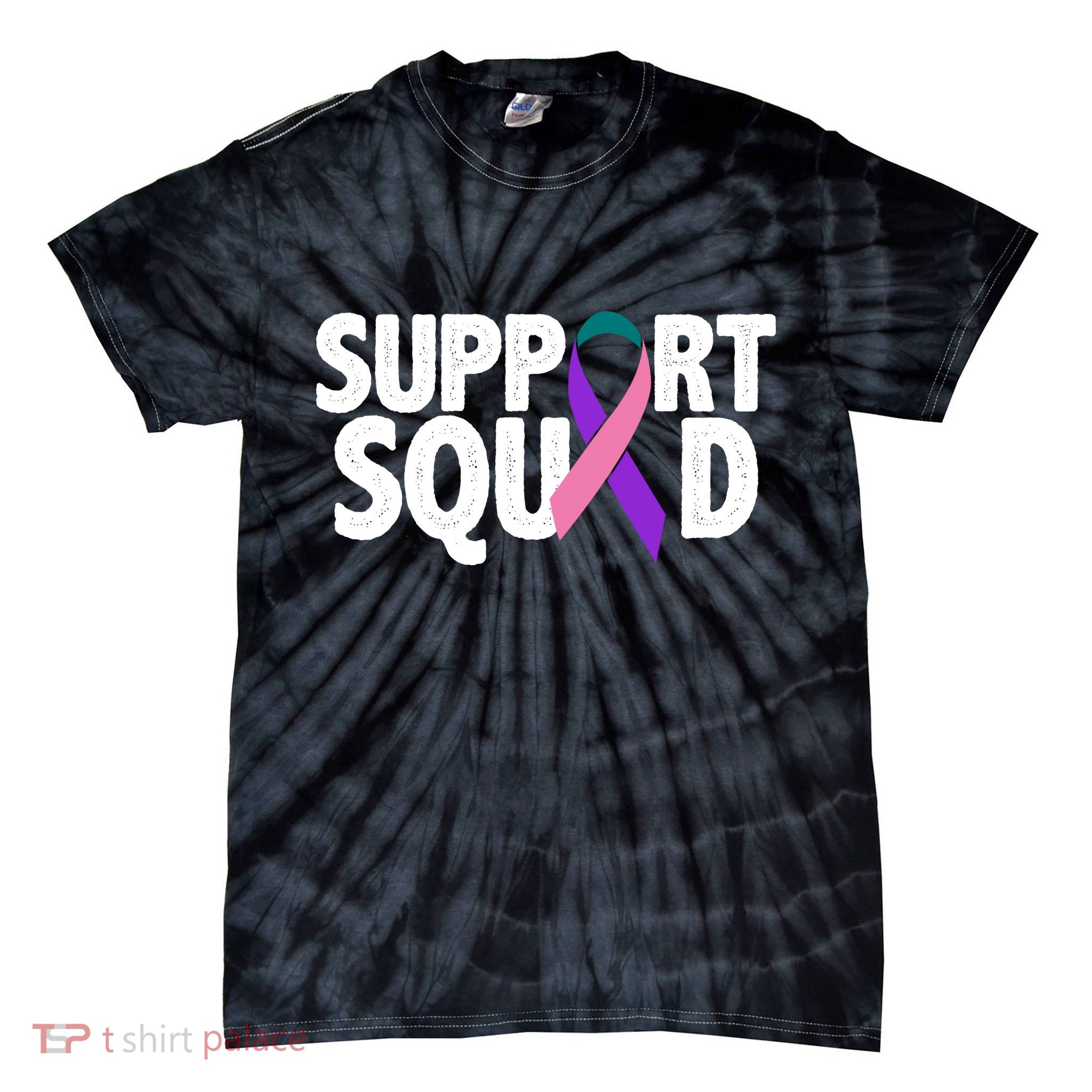 Thyroid Cancer Support Squad Teal Purple Pink Ribbon Tie-Dye T-Shirt