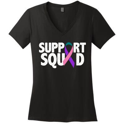 Thyroid Cancer Support Squad Teal Purple Pink Ribbon Women's V-Neck T-Shirt