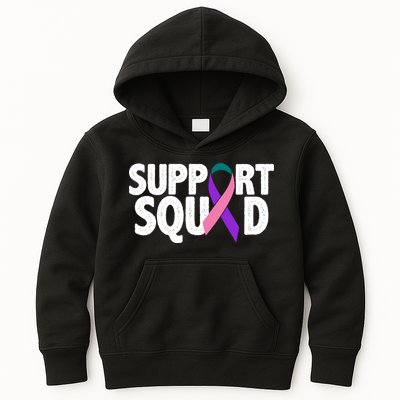 Thyroid Cancer Support Squad Teal Purple Pink Ribbon Kids Hoodie