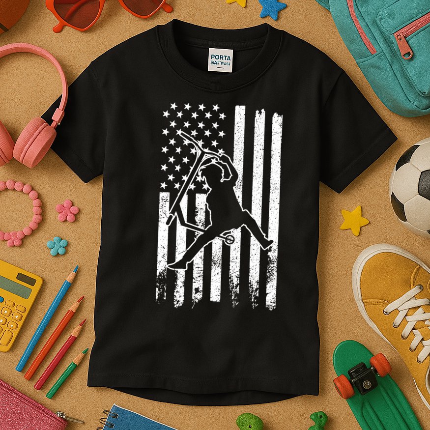 Scooter Stunt Us Flag Retro Scooter Boy Kids T-Shirt