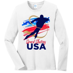 Speed Skating Usa Support The Team T Usa Flag Winter Ladies Long Sleeve Shirt