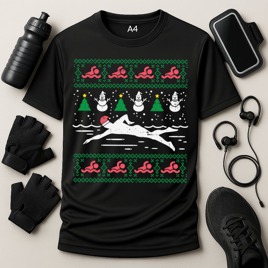 Swimmin Santa Ugly Christmas Sweater Sport Swim Swimmer Gift Cooling Performance Crew T-Shirt