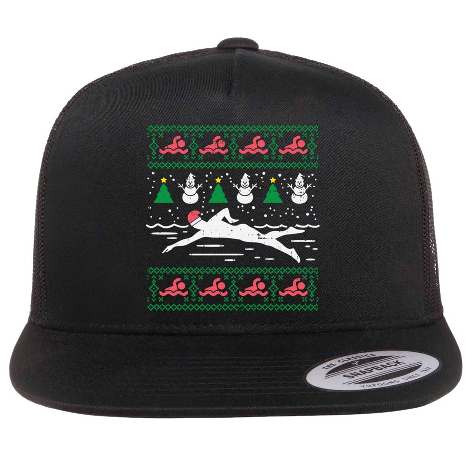 Swimmin Santa Ugly Christmas Sweater Sport Swim Swimmer Gift Flat Bill Trucker Hat