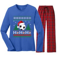 Santa Soccer Ugly Christmas Soccer Xmas Gift Women's Long Sleeve Flannel Pajama Set 