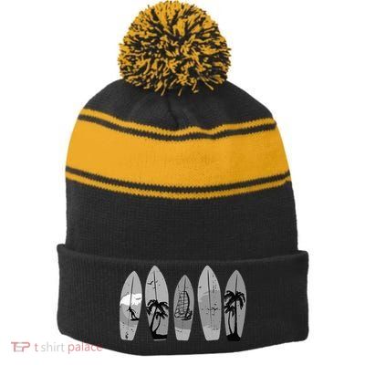 Surfing Surfboard Vintage Classic Retro Surfboarder Surfer Stripe Pom Pom Beanie