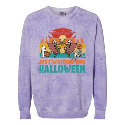 Skeleton Spooky Vibe Summer Funny Just Waiting For Halloween Gift Colorblast Crewneck Sweatshirt