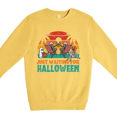 Skeleton Spooky Vibe Summer Funny Just Waiting For Halloween Gift Premium Crewneck Sweatshirt