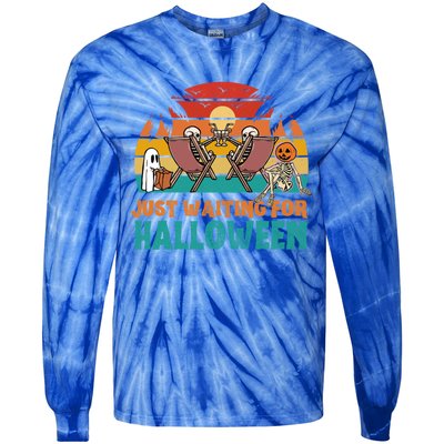 Skeleton Spooky Vibe Summer Funny Just Waiting For Halloween Gift Tie-Dye Long Sleeve Shirt