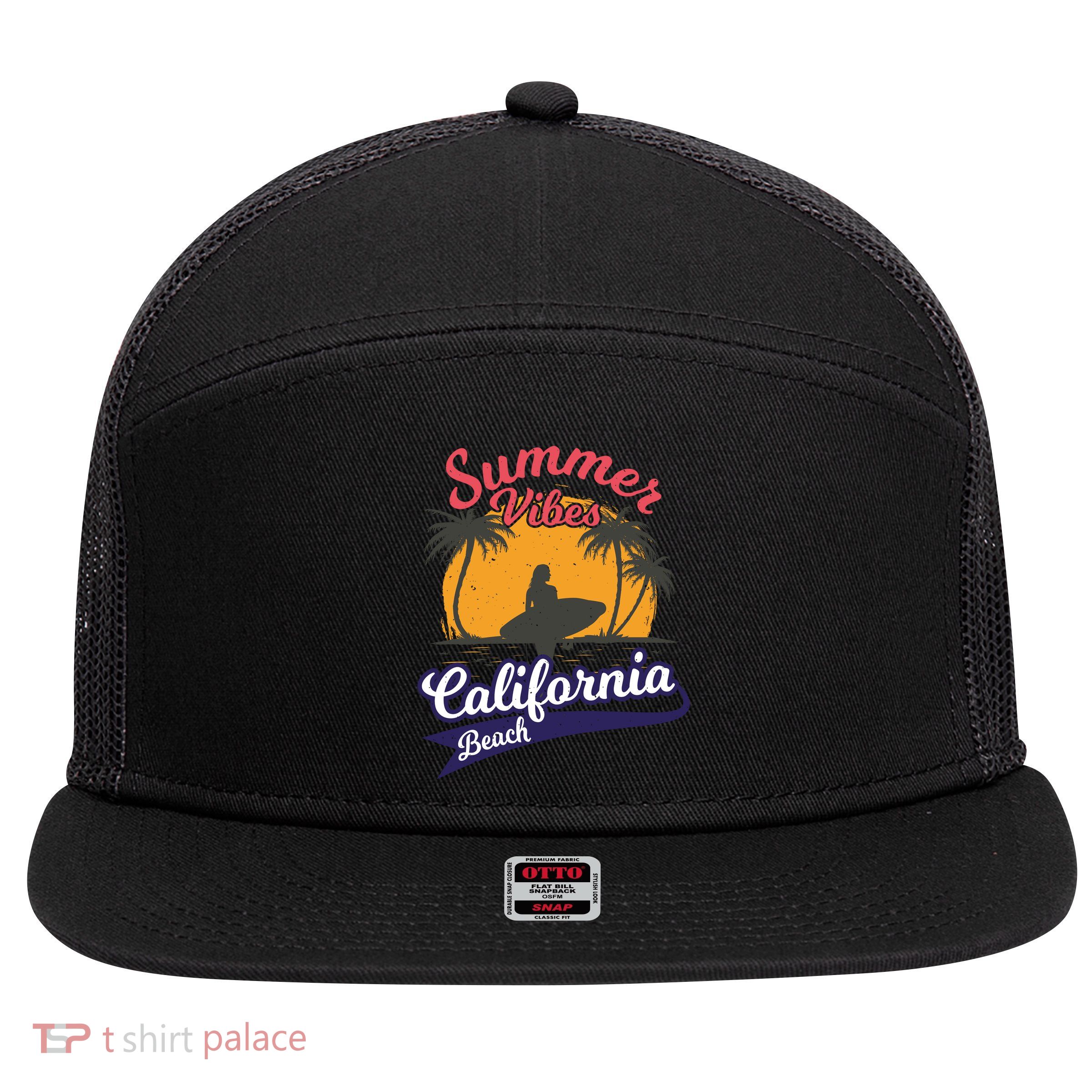 Surfing Summer Vibes California Beach Vintage Gift 7 Panel Mesh Trucker Snapback Hat