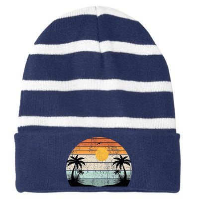 Sunshine Summer Vibes Palm Trees Beach Retro Tropical Summer Striped Beanie with Solid Band