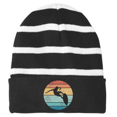 Surfing Surfboard Vintage Retro Surfboarder Surfer Beach Striped Beanie with Solid Band