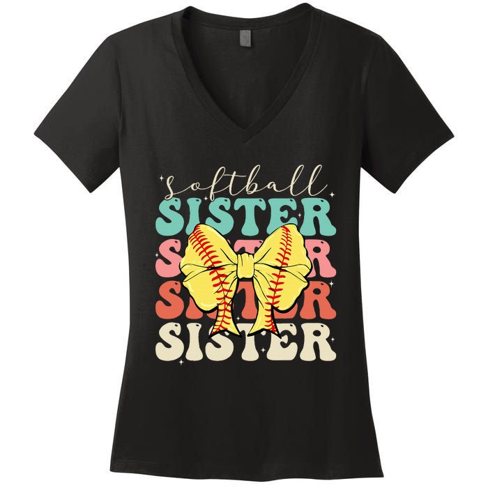 Softball Sister Vintage Sport Lover Sister Women's V-Neck T-Shirt