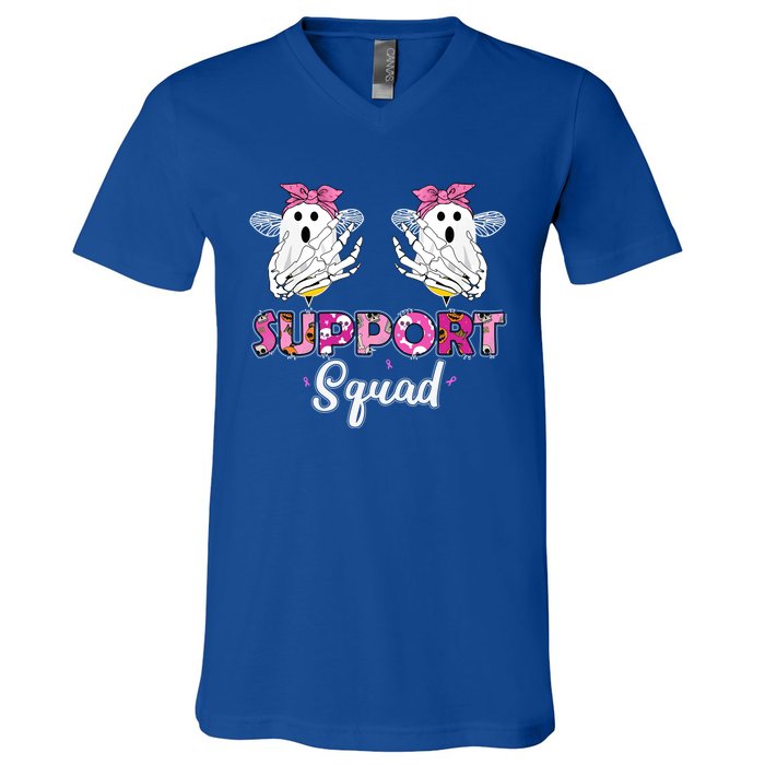 Support Squad Vintage Skeleton Hands Boo Bees Breast Cancer Gift V-Neck T-Shirt