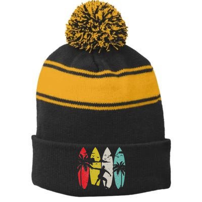 Surfer Surfboard Vintage Surfing Beach Summer Surf Stripe Pom Pom Beanie