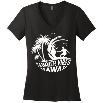 Surfing Summer Vibes Hawaii Surfing Vintage Gift Women's V-Neck T-Shirt