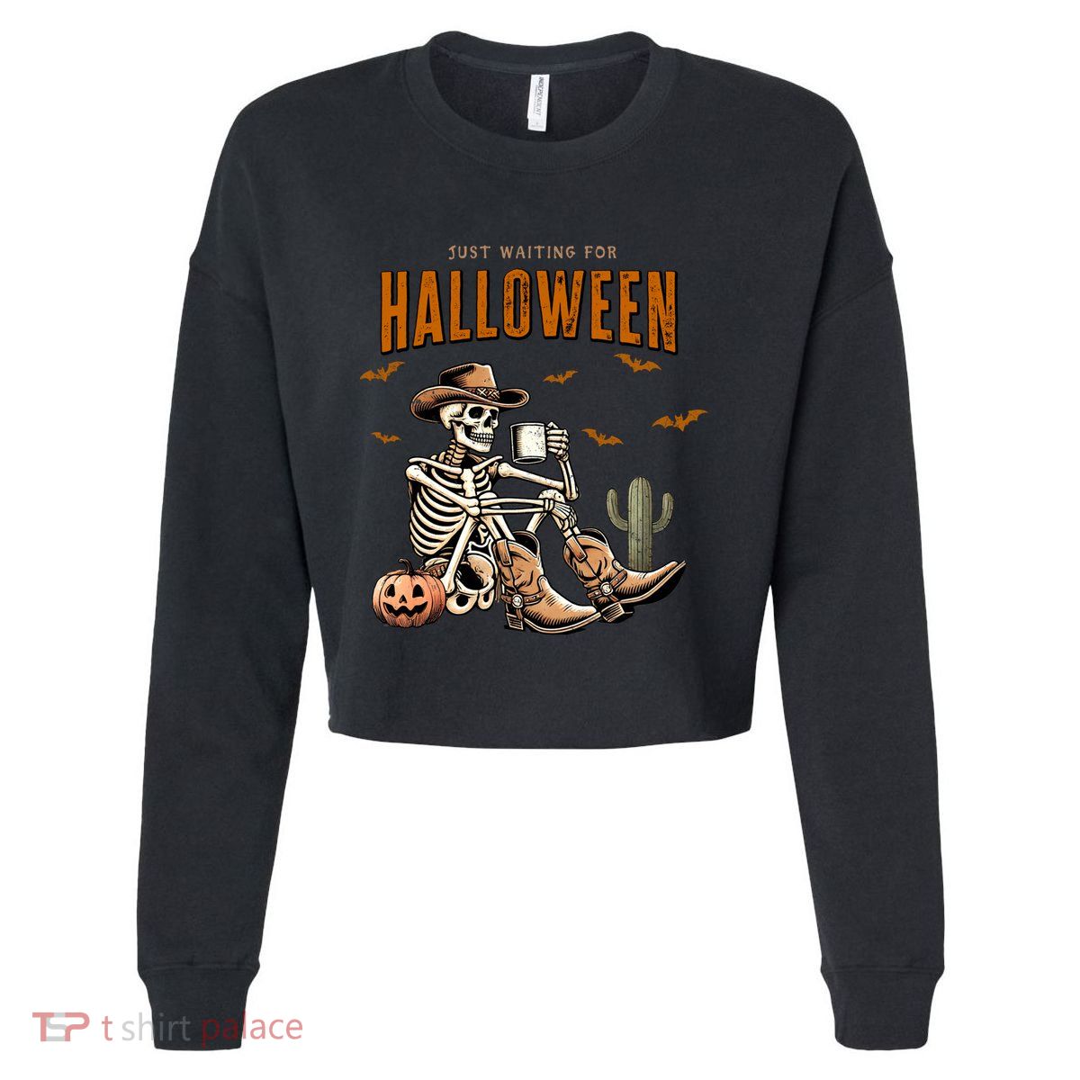 Skeleton Spooky Vibe Summer Funny Just Waiting For Halloween Great Gift Cropped Pullover Crew