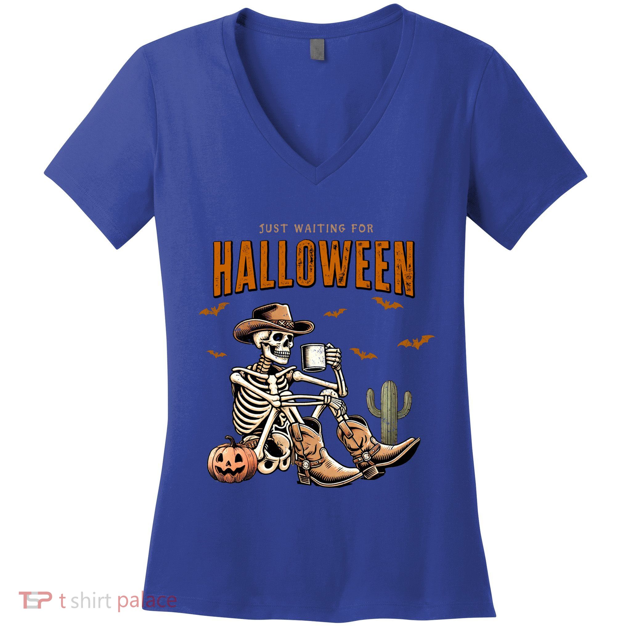 Skeleton Spooky Vibe Summer Funny Just Waiting For Halloween Great Gift Women's V-Neck T-Shirt