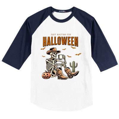 Skeleton Spooky Vibe Summer Funny Just Waiting For Halloween Great Gift Baseball Sleeve Shirt