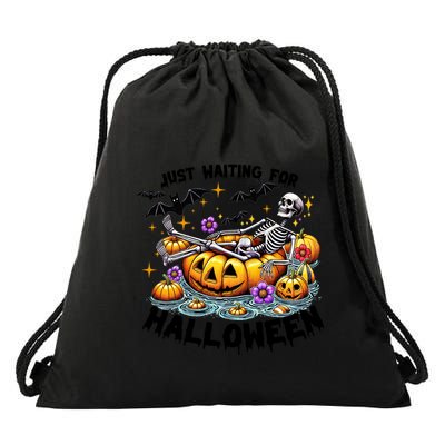 Skeleton Spooky Vibe Summer Funny Just Waiting For Halloween Funny Gift Drawstring Bag