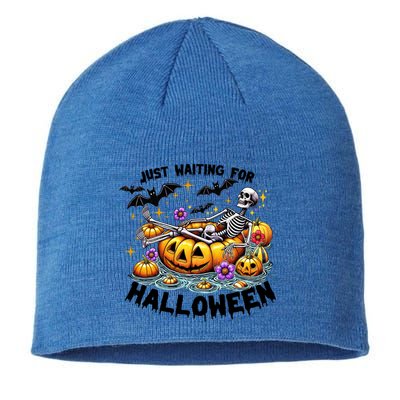 Skeleton Spooky Vibe Summer Funny Just Waiting For Halloween Funny Gift Sustainable Beanie