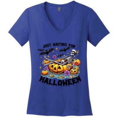 Skeleton Spooky Vibe Summer Funny Just Waiting For Halloween Funny Gift Women's V-Neck T-Shirt