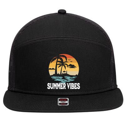 Sunny Summer Vibes Top With Palm Trees And Waves Family Trip Cool Gift 7 Panel Mesh Trucker Snapback Hat