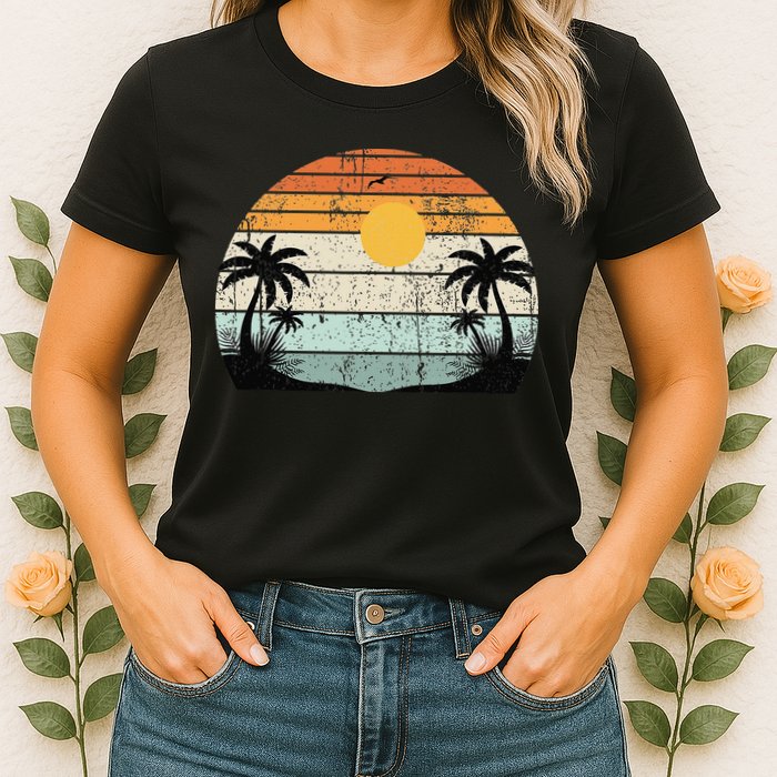 Sunshine Summer Vibes Palm Trees Beach Retro Tropical Summer Womens T-Shirt