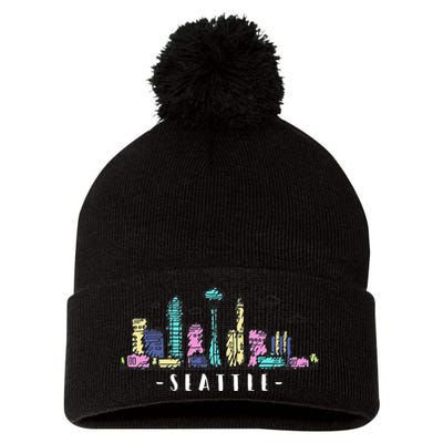 Seattle Skyline Washington PNW Vintage Pom Pom 12in Knit Beanie