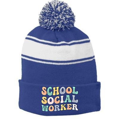 School Social Worker Groovy School Social Worker Crew Great Gift Stripe Pom Pom Beanie