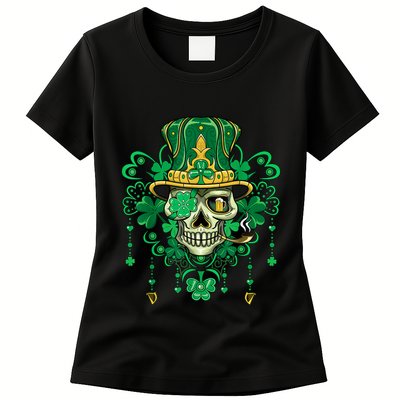 Sugar Skull Wearing Irish Leprechaun Hat St. PatrickS Day Womens T-Shirt