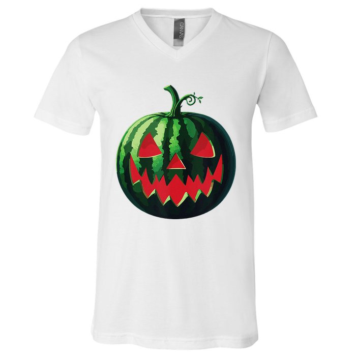 Spooky Summer Watermelon Jack O Lantern Halfway To Halloween V-Neck T-Shirt