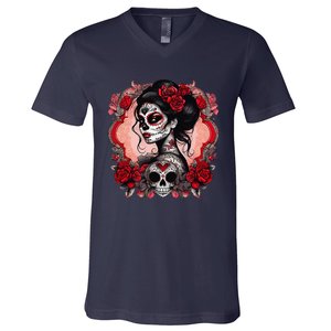 Sugar Skull Women De Los Muertos La Catrina Day Of The Dead V-Neck T-Shirt